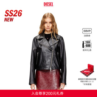 [新款]DIESEL女士26早春黑色翻领机车皮衣夹克外套A219020CECH