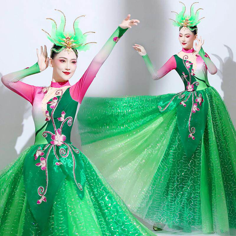 开场舞大摆裙演出服女大气绿色春晚大型舞蹈服装现代歌伴舞蓬蓬裙