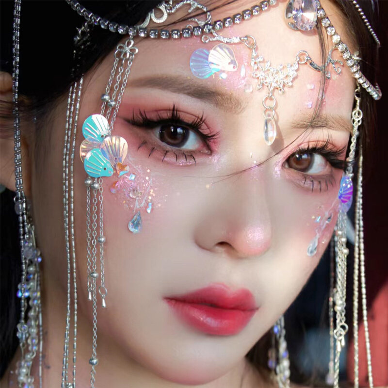 西双版纳古风鲛人鱼妆鱼鳞贝壳片化妆贴脸饰品眼妆亮片泪钻珍珠