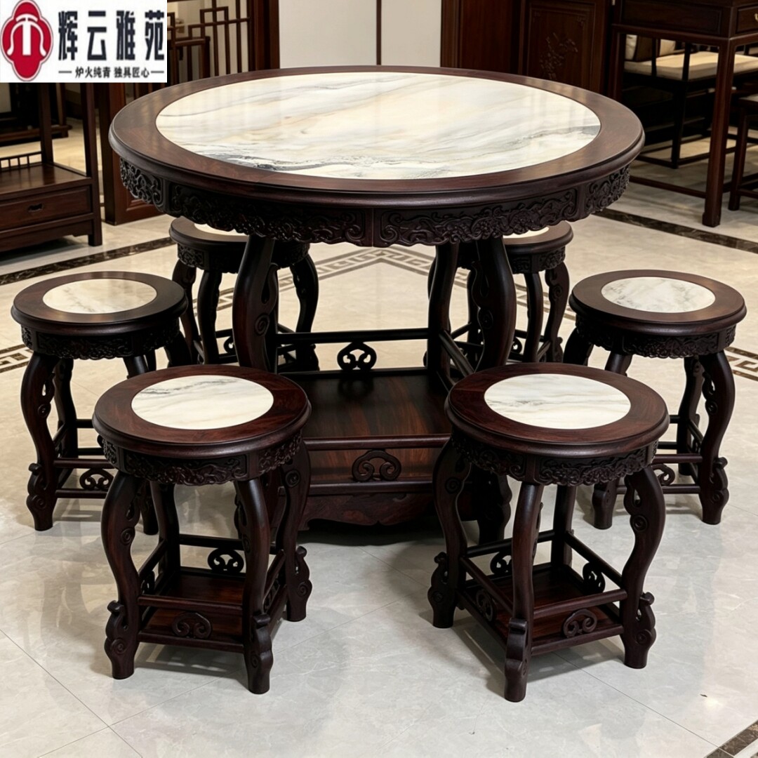 红木家具圆餐桌椅组合黑檀木新中式轻奢小圆桌饭桌餐台实木镶云石