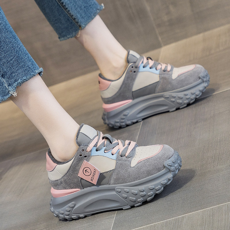 粉色内增高老爹鞋女款加绒2025秋冬时尚真皮女士不累脚运动休闲鞋,女鞋,时尚休闲鞋,淘宝优惠券,粉丝福利购,淘宝优惠卷