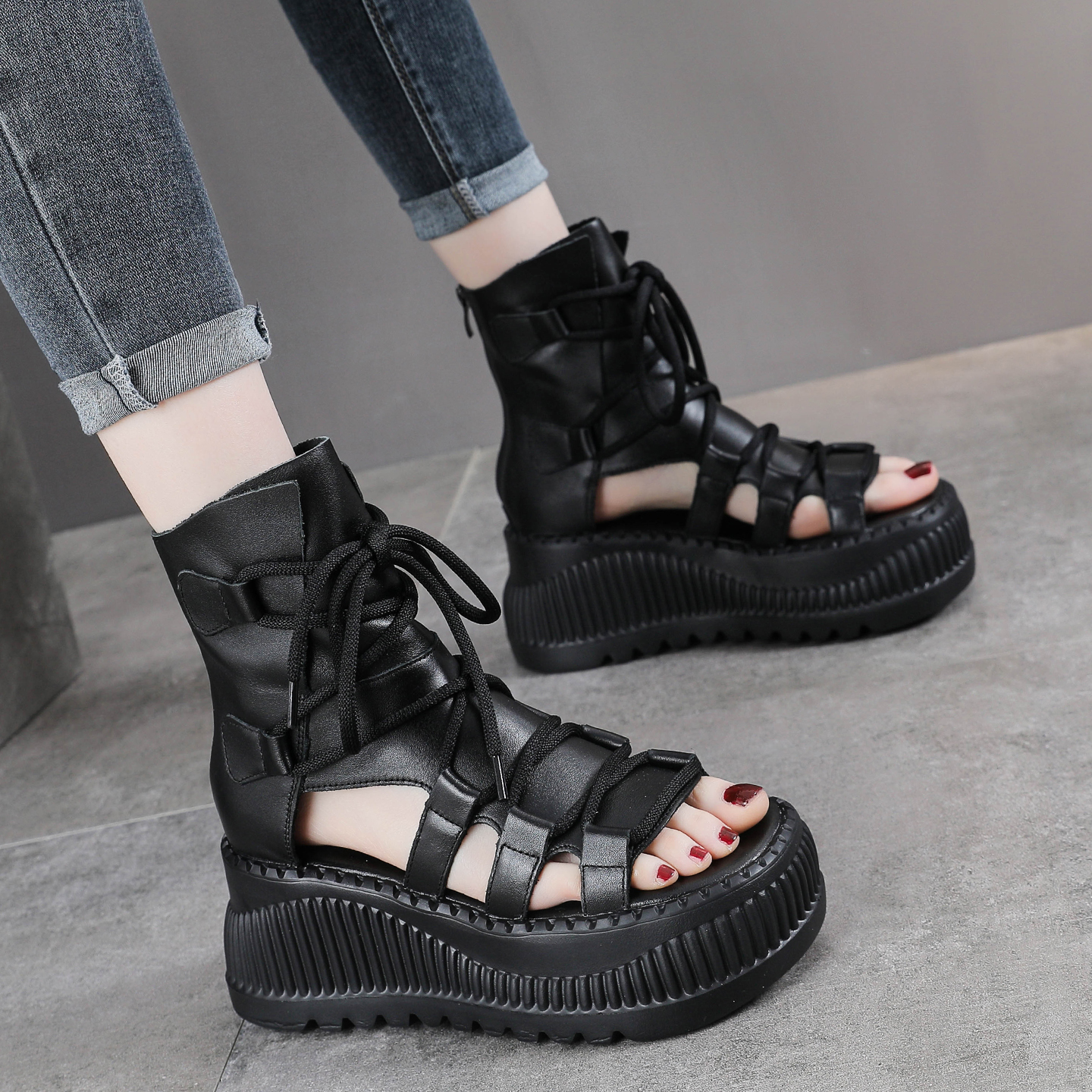 牛皮新款罗马厚底镂空凉鞋女款真皮2025夏季时尚女士休闲松糕凉靴