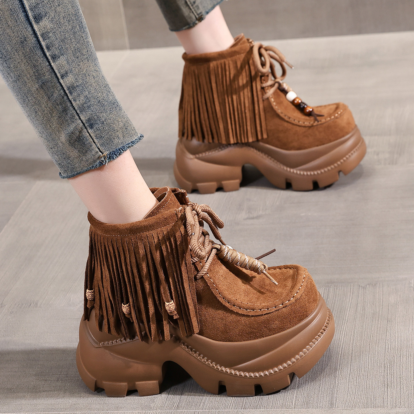 流苏超火爆款厚底内增高乐福鞋女款小个子2025秋季女士高帮短靴子,女鞋,马丁靴,淘宝优惠券,粉丝福利购,淘宝优惠卷