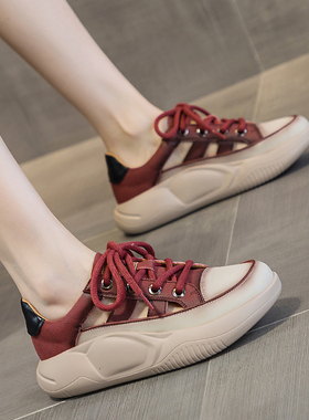 红色厚底镂空老爹鞋女款2026春爆款百搭真皮包头丑萌系带凉鞋软底