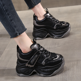 黑色高跟老爹鞋女款透气2025春秋真皮厚底小个子10cm松糕休闲鞋
