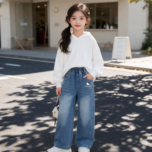 凯蒂猫童装女童牛仔裤2026春秋款儿童休闲裤直筒裤女孩大童阔腿裤