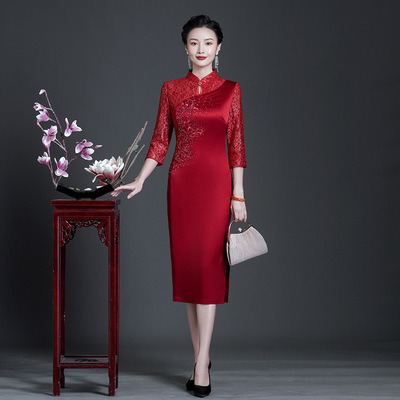 旗舰店妈妈婚宴装高档连衣裙参加婚礼服高贵喜婆婆旗袍大码春秋