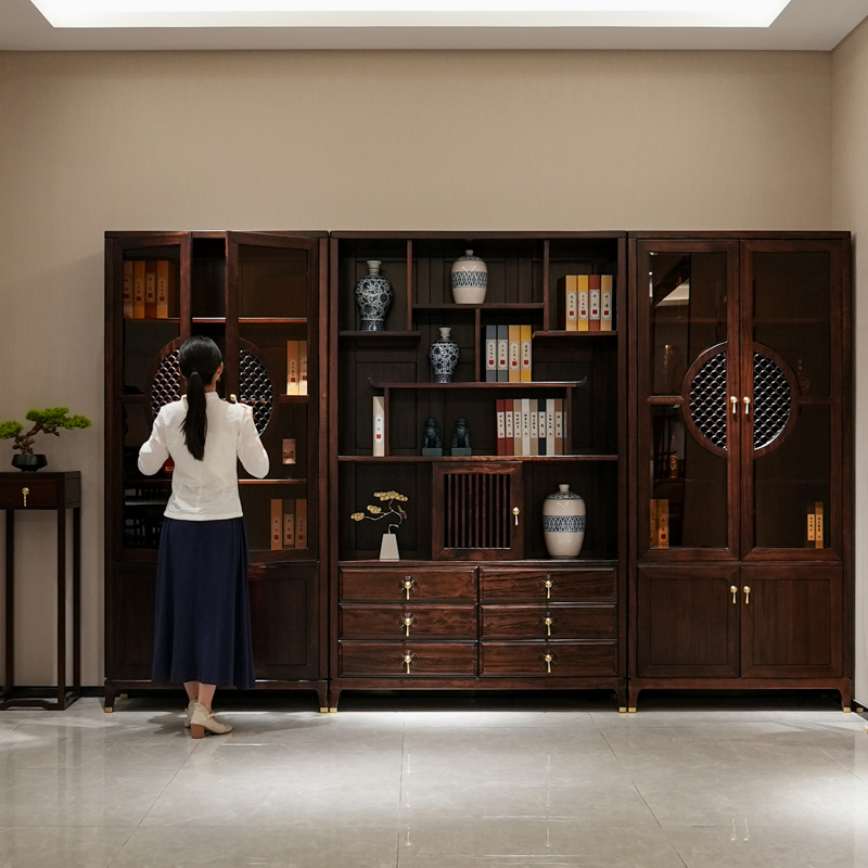 半墨现代新中式乌金木全实木书柜组合家用书房茶室带门书柜展示柜