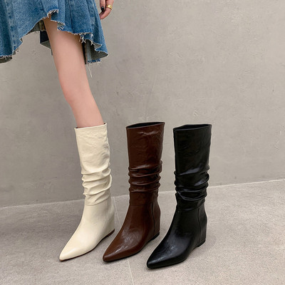 意大利设计师真皮堆堆靴女2025新秋冬小个子内增高尖头长筒骑士靴