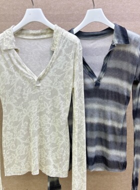 MQ｜MACQNF22800撞色条纹polo领长袖t恤女晕染海欧领休闲打底