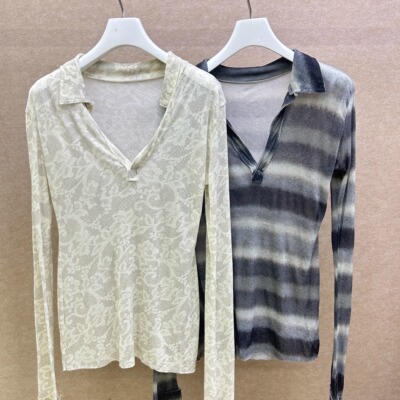 MQ｜MACQNF22800撞色条纹polo领长袖t恤女晕染海欧领休闲打底