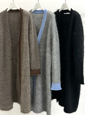 MQ｜MACQNF89252高端大气拼接撞色马海绒长款开衫慵懒风毛毛外套