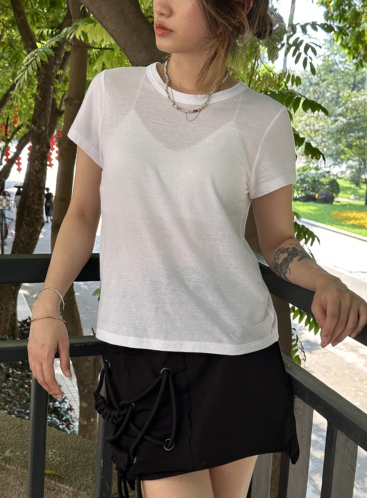 MACQNF新款21110A百搭柔软舒适圆领短袖T恤女MQ小众独特洋气半袖