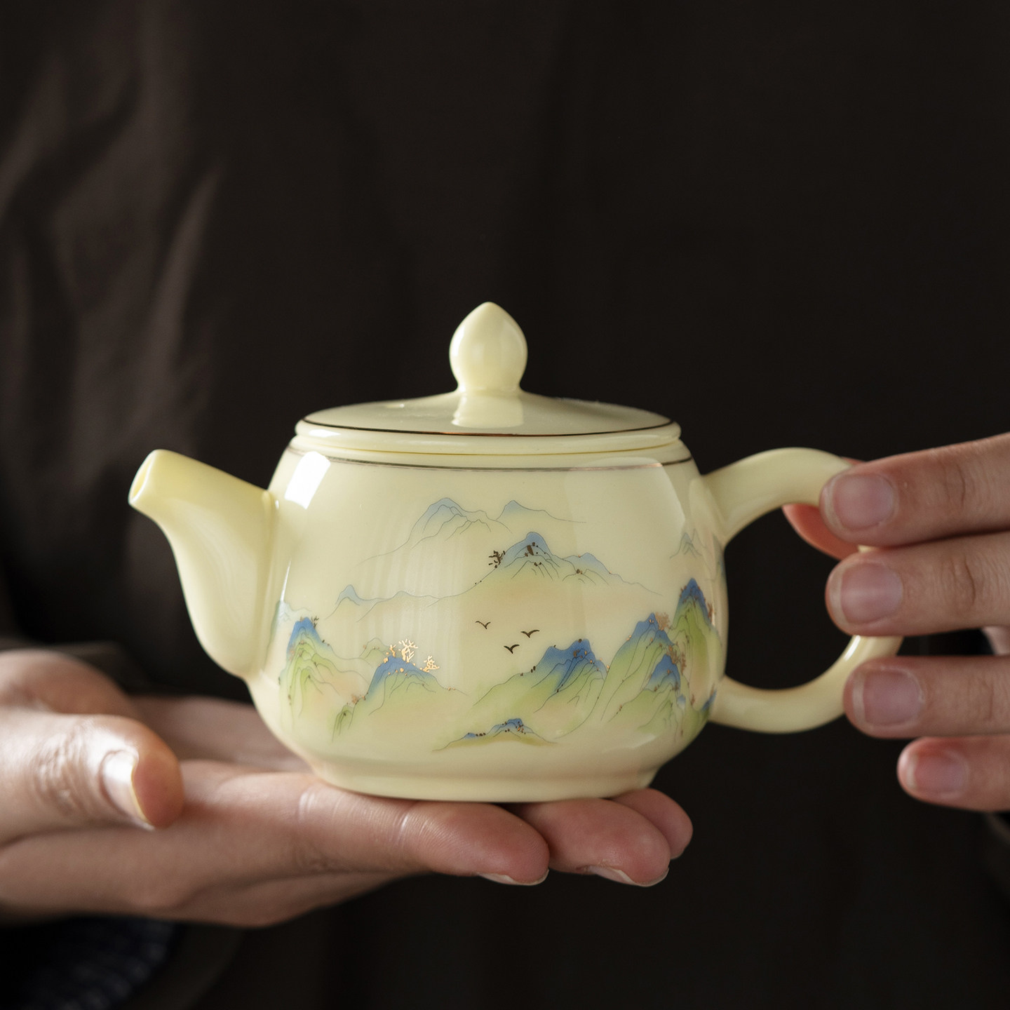 宝石黄描金井栏壶陶瓷半手工高温贴花泡茶壶家用中式冲茶器单壶