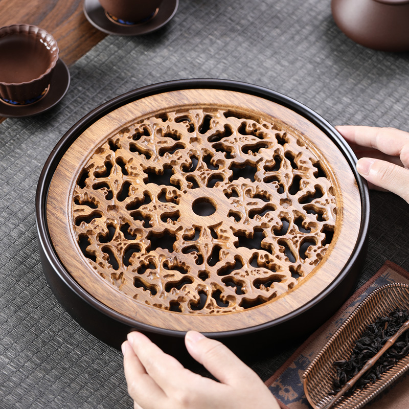 实木功夫茶盘镂空核桃纹沥水面板家用干泡茶台圆形茶海木质茶托盘