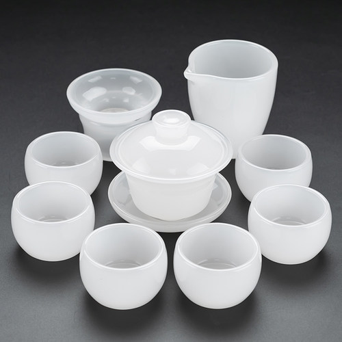 高档白玉瓷琉璃功夫茶具三才盖碗茶杯加厚防烫整套泡茶器陶瓷套装