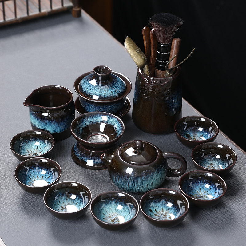 窑变沙金功夫茶具陶瓷盖碗茶杯整套泡茶器复古简约干泡盘中式套装