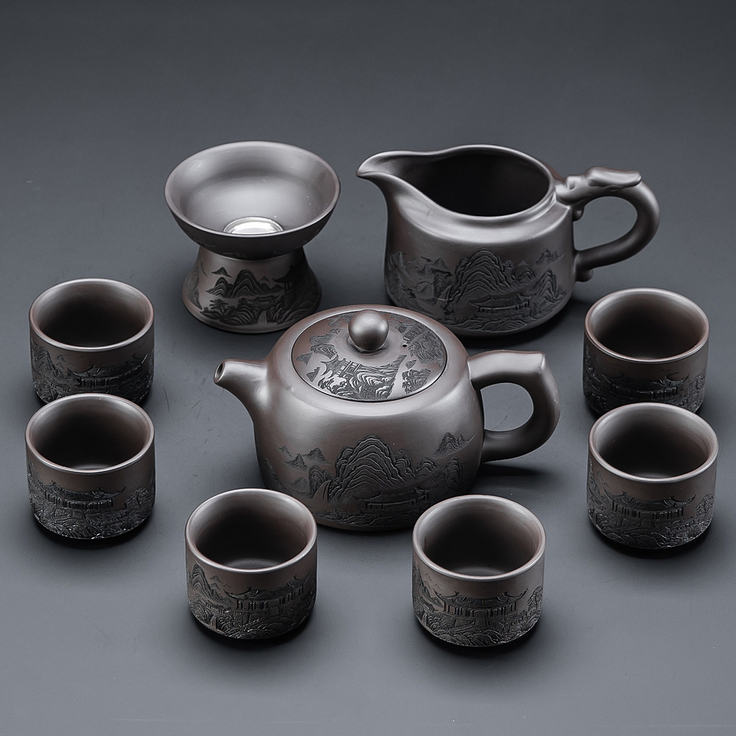 紫砂浮雕井栏壶三才盖碗整套茶具中式功夫茶具家用全套泡茶器防烫