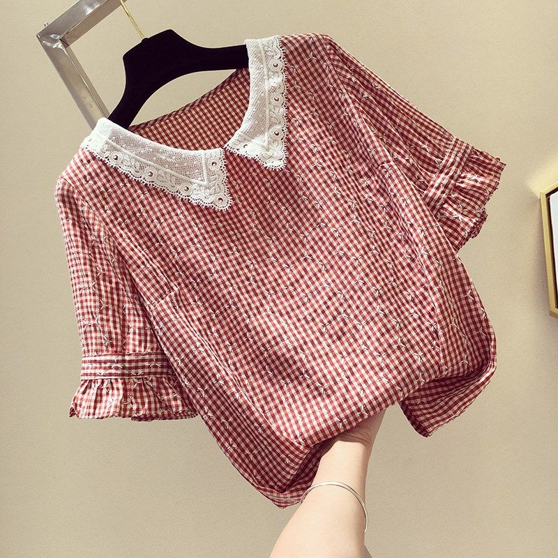 格子雪紡衫女短袖2019新款韓版寬松顯瘦蕾絲拼接甜美娃娃領上衣夏在類目 女裝/女士精品, 蕾絲衫/雪紡衫中 - 來自Buy2taobao.com提供專業的淘寶代購服務