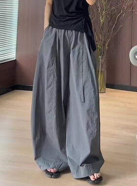 美式慵懒松驰感灰色裤女夏薄款2026新款高腰垂感宽松弯刀阔腿裤