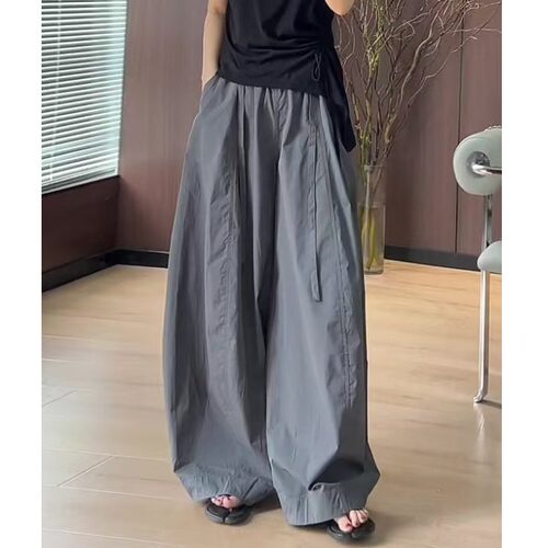 美式慵懒松驰感灰色裤女夏薄款2026新款高腰垂感宽松弯刀阔腿裤
