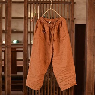 宽松百搭休闲七分裤 文艺气质糖果色棉麻哈伦裤 女夏高腰系带萝卜裤