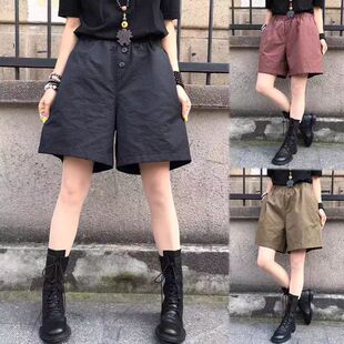 外贸女装品牌折扣纯棉短裤女高腰复古休闲裤宽松工装裤百搭五分裤