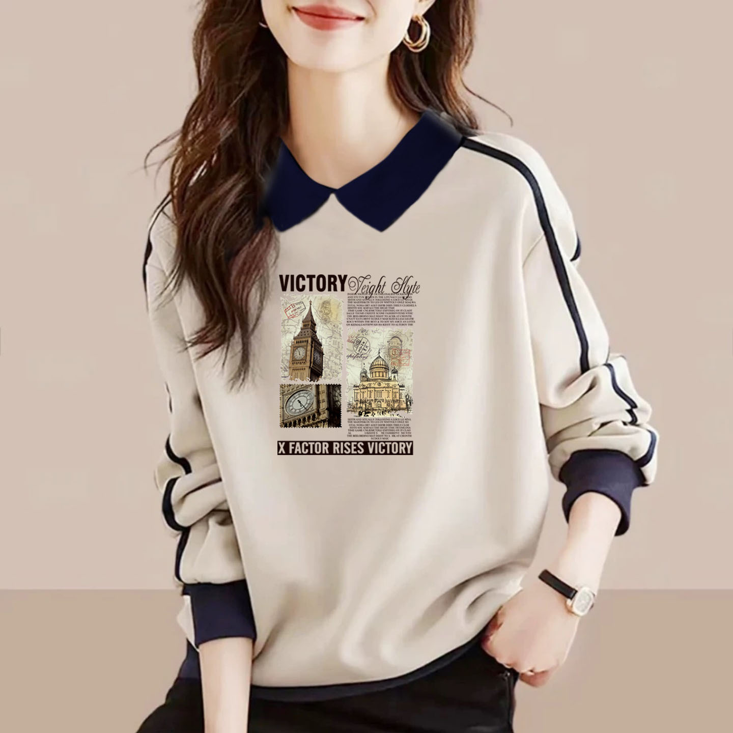 纯棉POLO领卫衣女减龄打底衫上衣