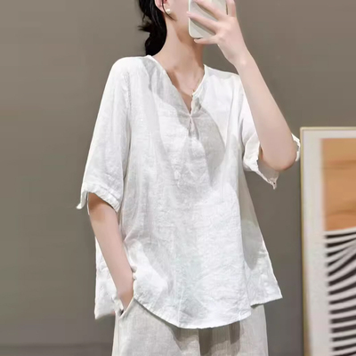 棉麻短袖衬衫上衣女纯色亚麻小衫