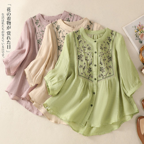 民族风刺绣棉麻衬衫宽松国风上衣