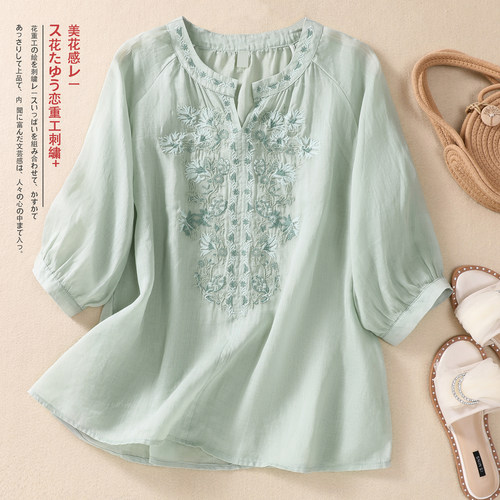 棉麻刺绣上衣女复古小衫棉麻衬衫