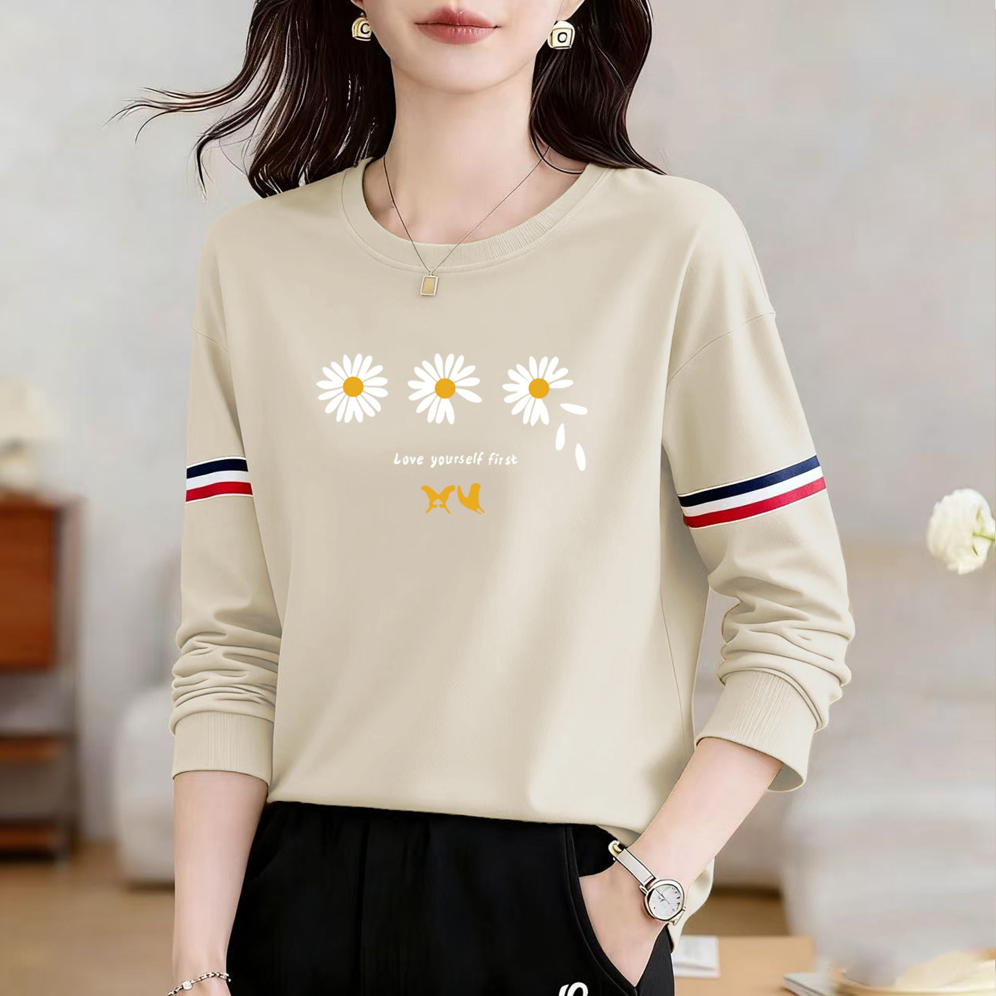 春季新款时尚撞色纯棉T恤女长袖打底衫洋气拼色减龄内搭百搭上衣,女装/女士精品,大码内搭,淘宝优惠券,粉丝福利购,淘宝优惠卷