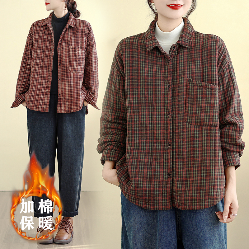 翻领格子保暖棉衣女夹棉棉袄外套