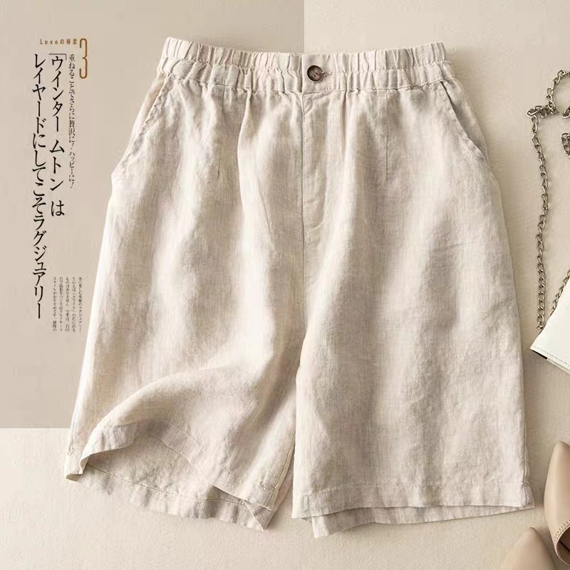 亚麻短裤休闲裤女棉麻直筒五分裤