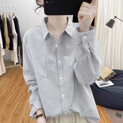 复古条纹衬衫女棉麻长袖衬衣上衣