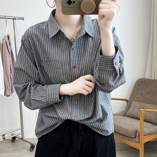 复古棉麻条纹衬衫长袖上衣女衬衣