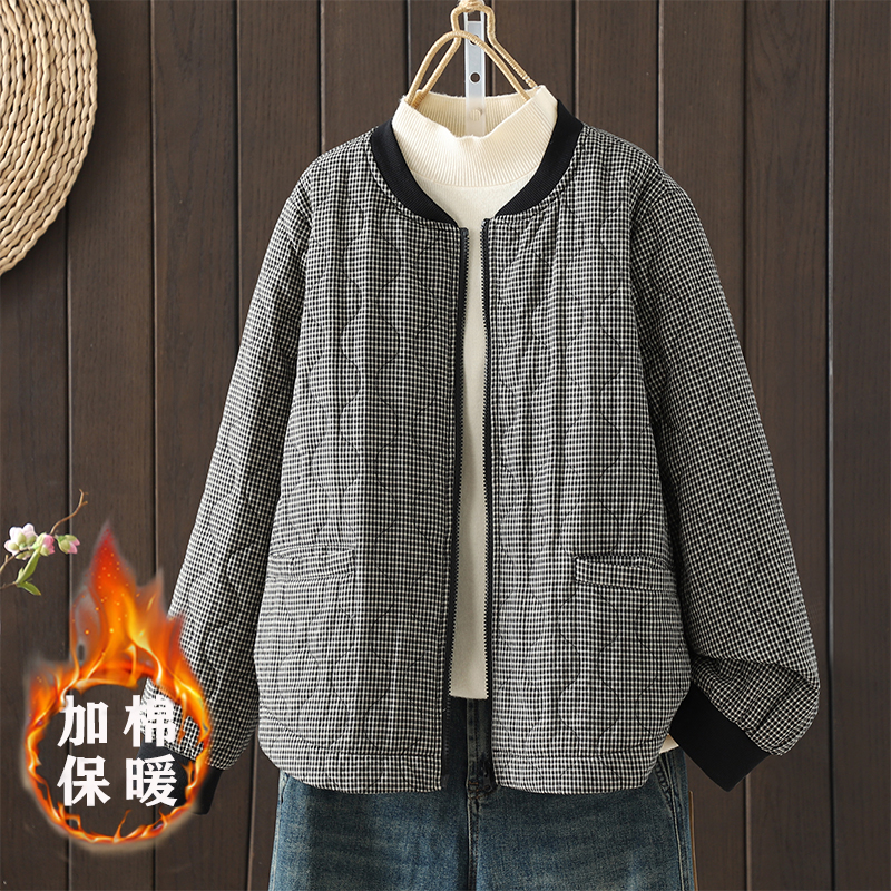 文艺复古格子夹棉棉衣秋冬休闲加棉保暖夹克外套百搭长袖棉服上衣