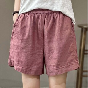 热裤 夏季 松紧腰百搭休闲裤 女文艺显瘦亚麻五分裤 复古盘扣棉麻短裤