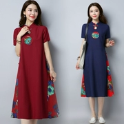 Mùa hè phong cách dân tộc retro phụ nữ khóa cotton và vải lanh khâu váy in kiểu Trung Quốc là váy dài lanh mỏng - Váy dài