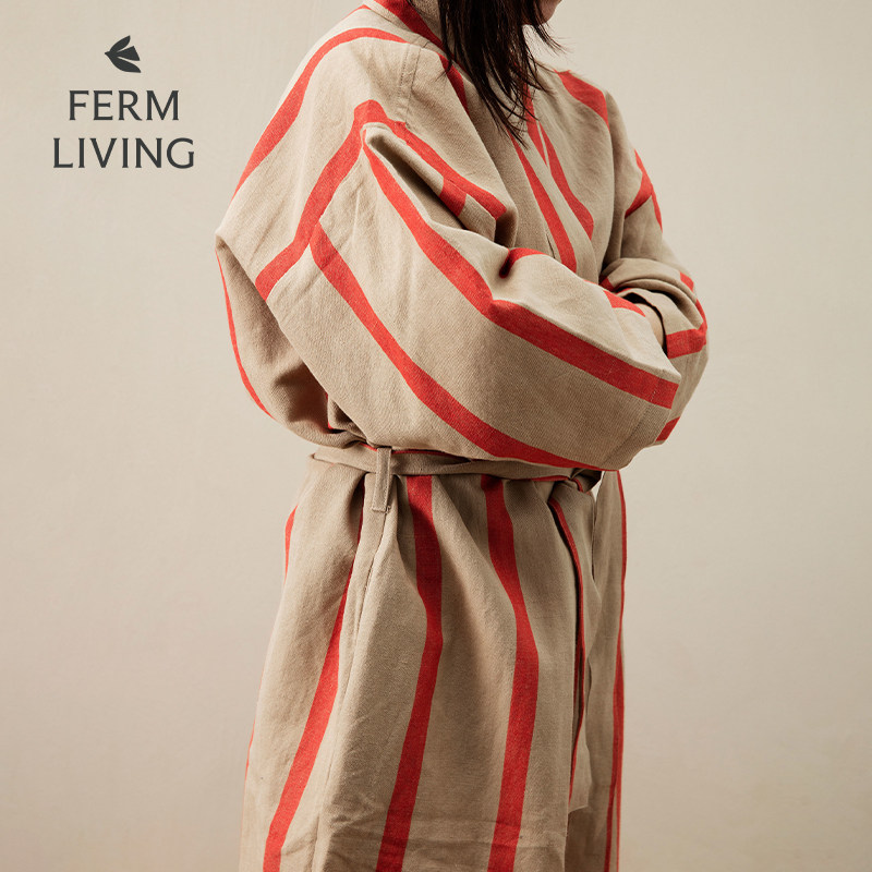 丹麦进口Ferm Living棉麻家居服长袖条纹款四季睡袍长袍春秋男女