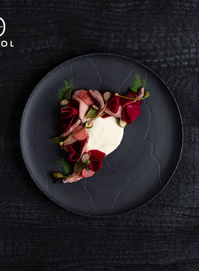 法国Revol Basalt黑色陶瓷西餐盘平盘圆形复古牛排盘早餐盘