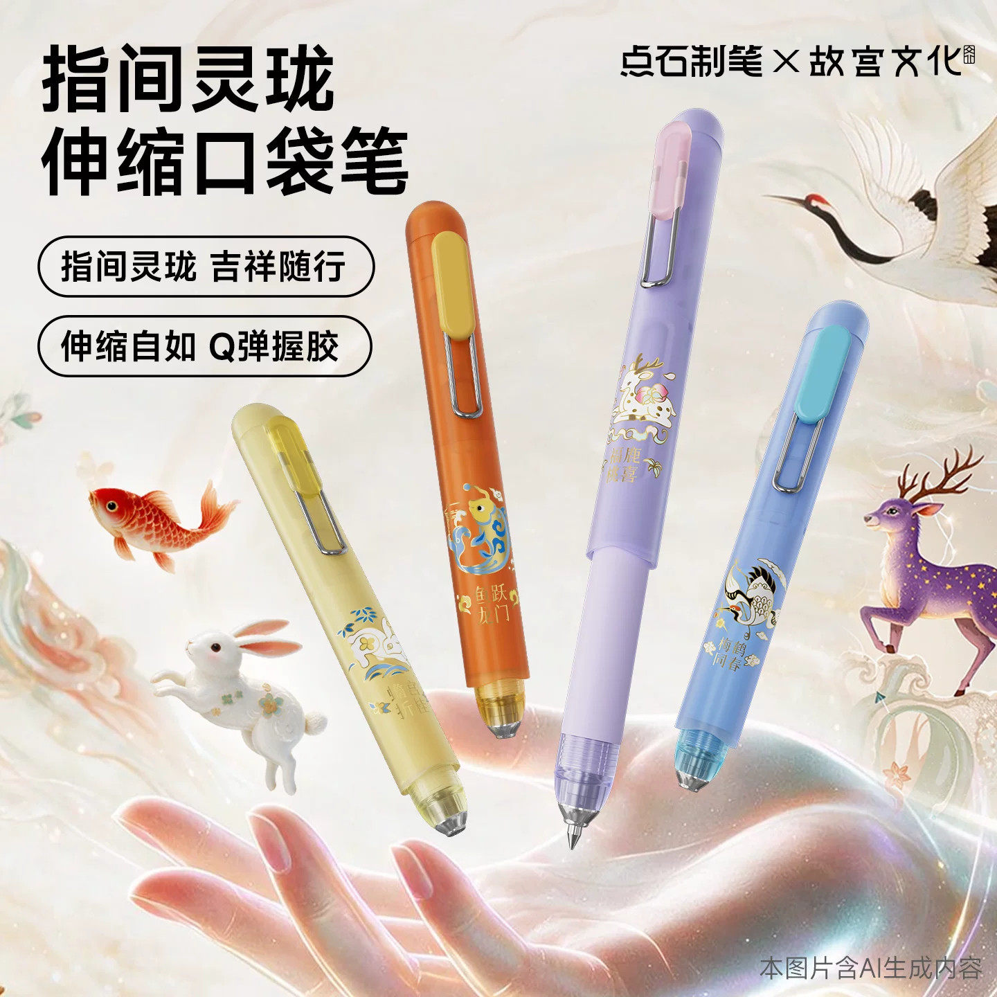 点石制笔联名指间玲珑伸缩口袋笔便携短款按动中性笔鱼跃龙门国风