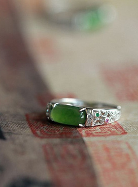 只此青绿丨宫廷风复古马鞍戒指女生仿碧玉极简轻奢镀银开口指环