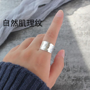 原创手工指环 S925镀白金时尚云丝纹宽版锤纹戒指男女开口食指戒