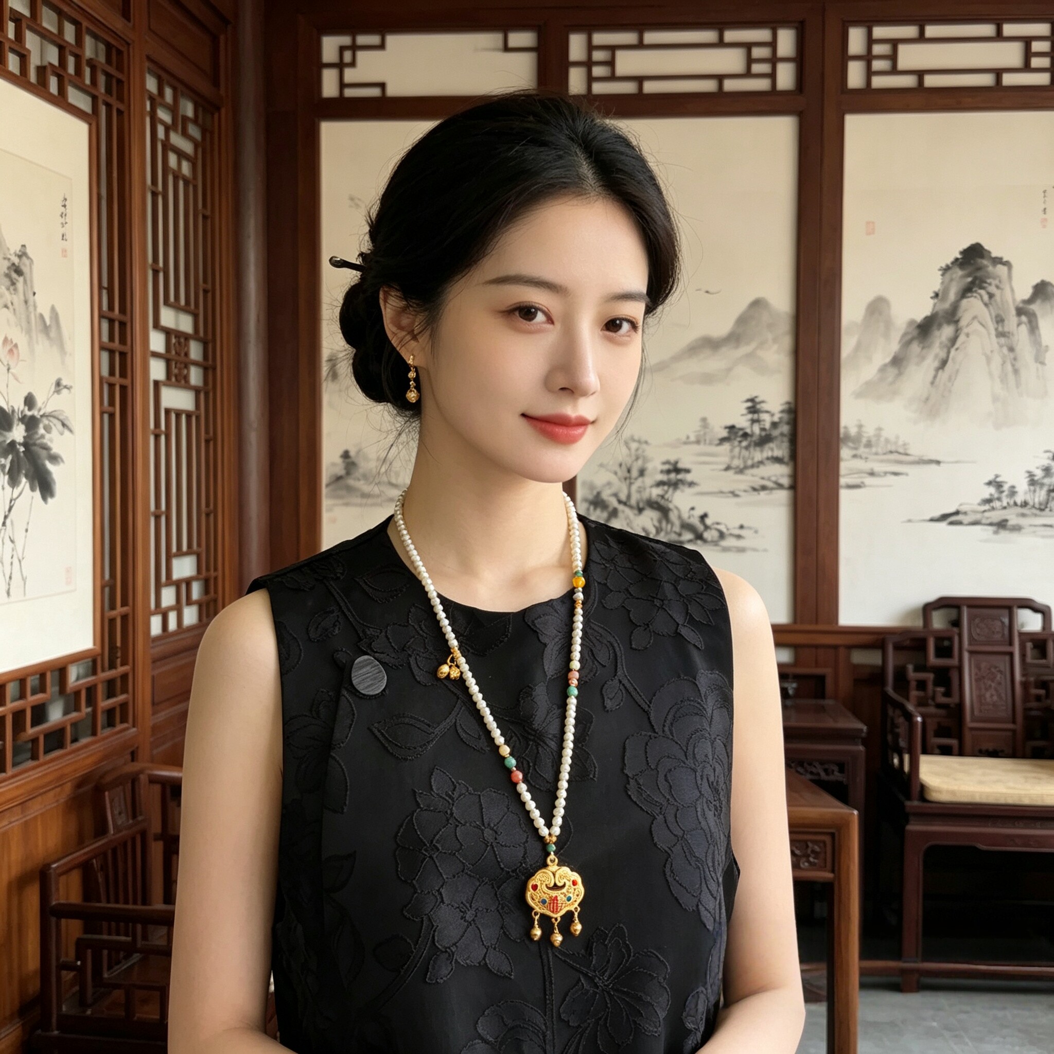 珍珠项链长款毛衣链新中式国风沙金长命锁吊坠轻奢小众旗袍项链女