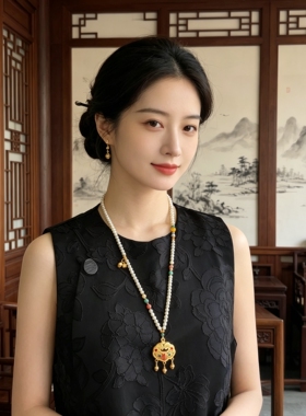 新中式沙金珍珠长命锁毛衣链女