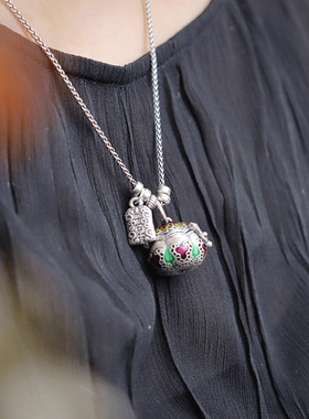 S925银项链 可打开镂空香囊嘎乌盒吊坠女 新中式复古珐琅彩手链