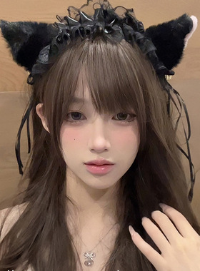 纯欲可爱猫咪耳朵发箍女cos蕾丝黑色头箍兽耳铃铛发卡lolita发饰