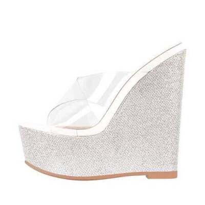 跨境欧美高跟鞋坡跟银色亮片PVC女凉鞋外贸女鞋women wedge shoes