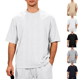 跨境欧美男士休闲高街oversiz提花针织圆领短袖T恤上衣夏季套头